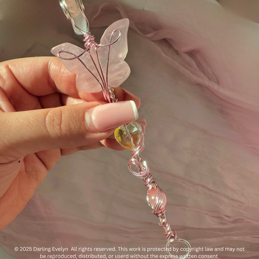 Rose Quartz Butterfly Pink Wire Wrap Smoke ring cigarette holder