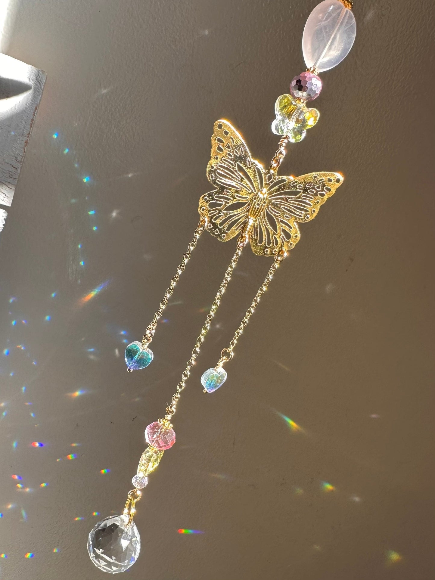 Rose Quartz Butterfly Car Rear View Mirror Charm Suncatcher
