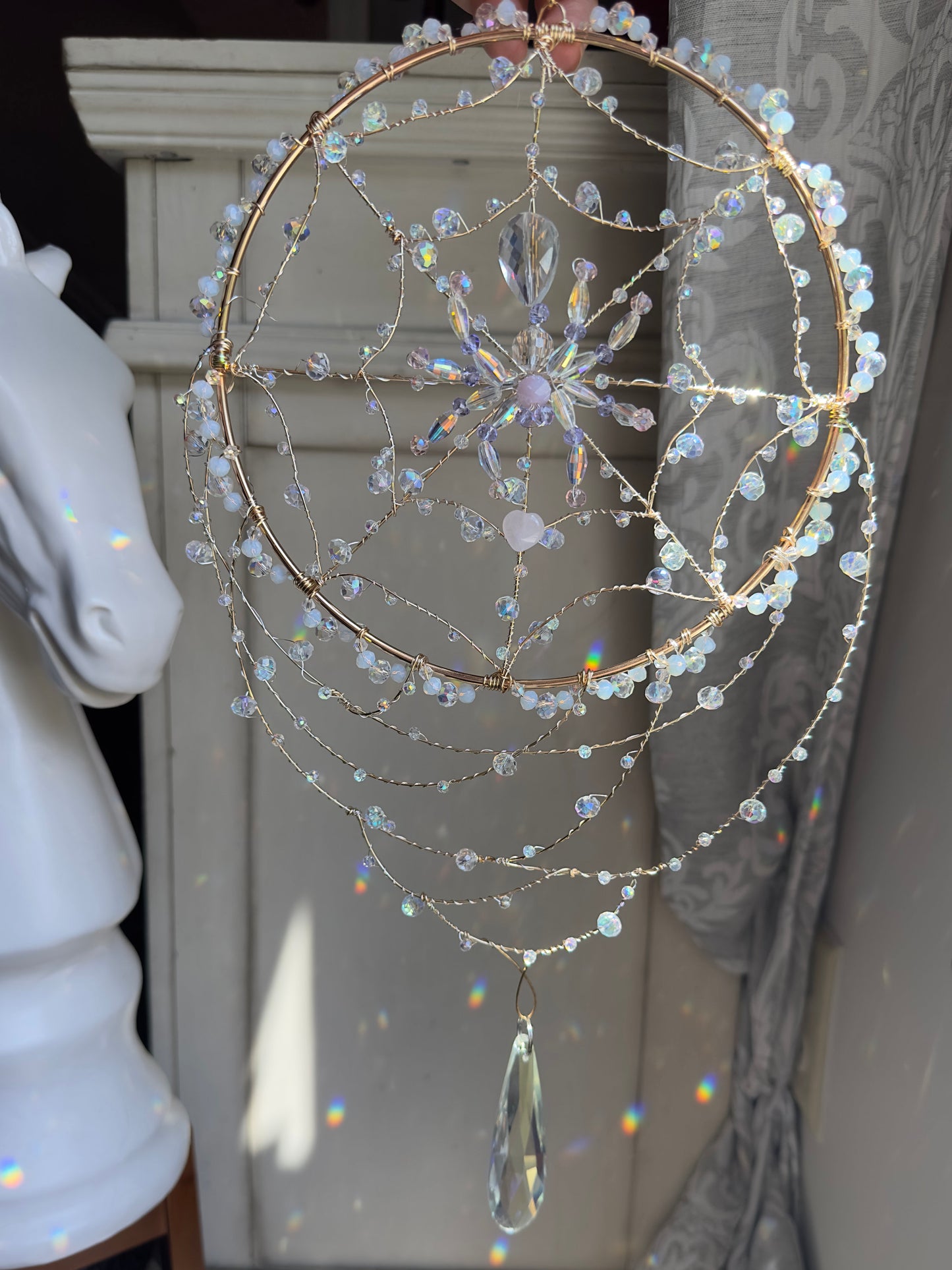 Rain Droplet Spider Web Crystal Suncatcher