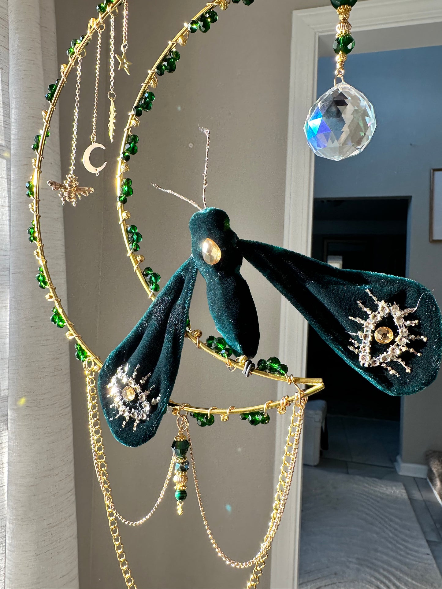Emerald Moth Crystal Spider Web suncatcher