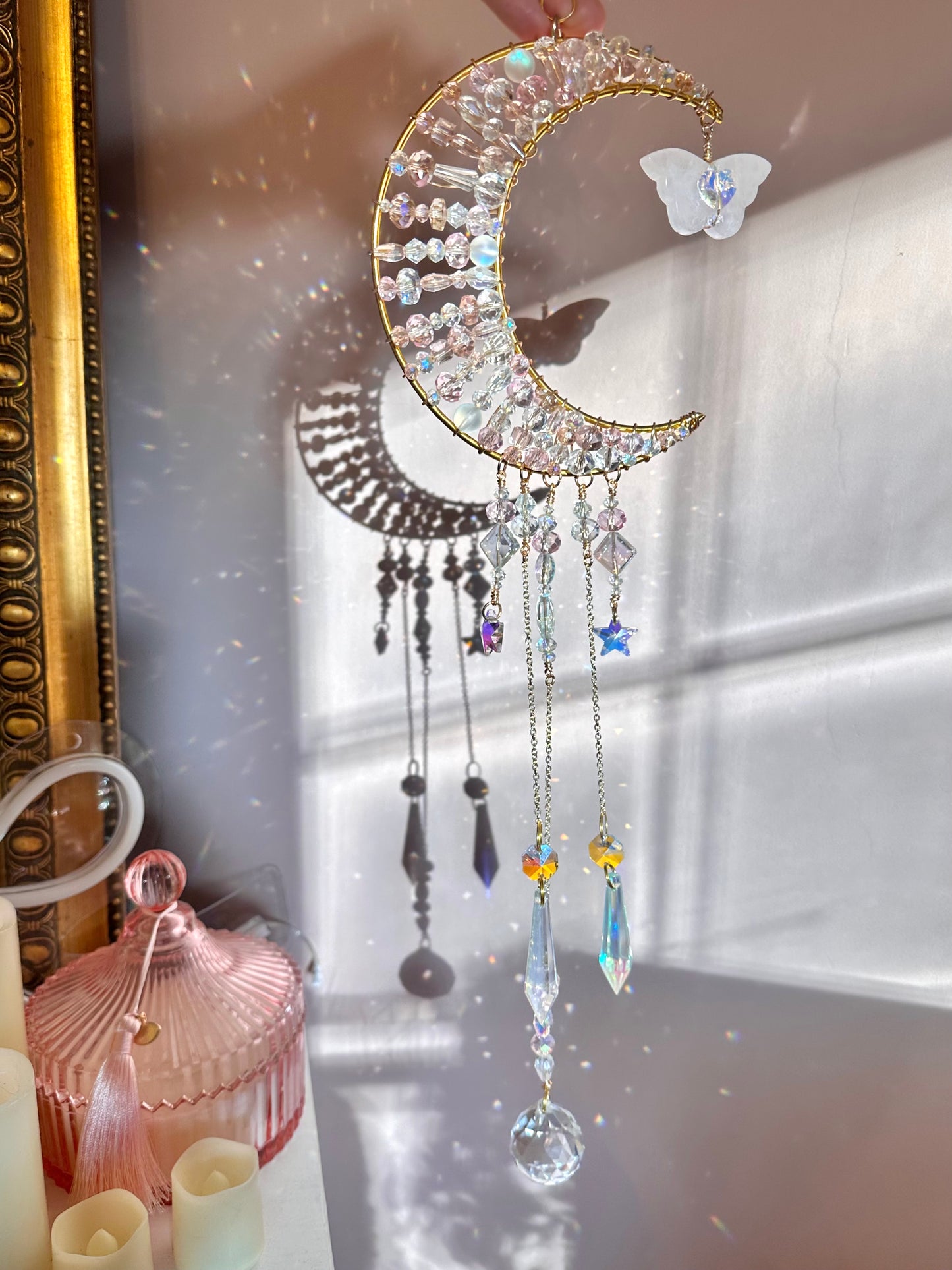 Crescent Moon Pink Crystal Rose Quartz Suncatcher | Light catcher | Rainbow Maker