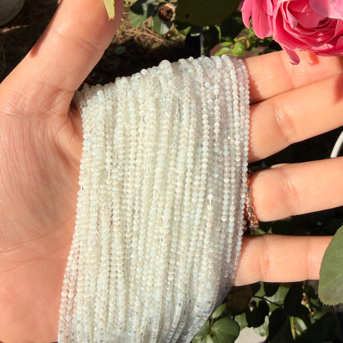 Moon Milk | white cat eye 2mm faceted glass beads with ab finish