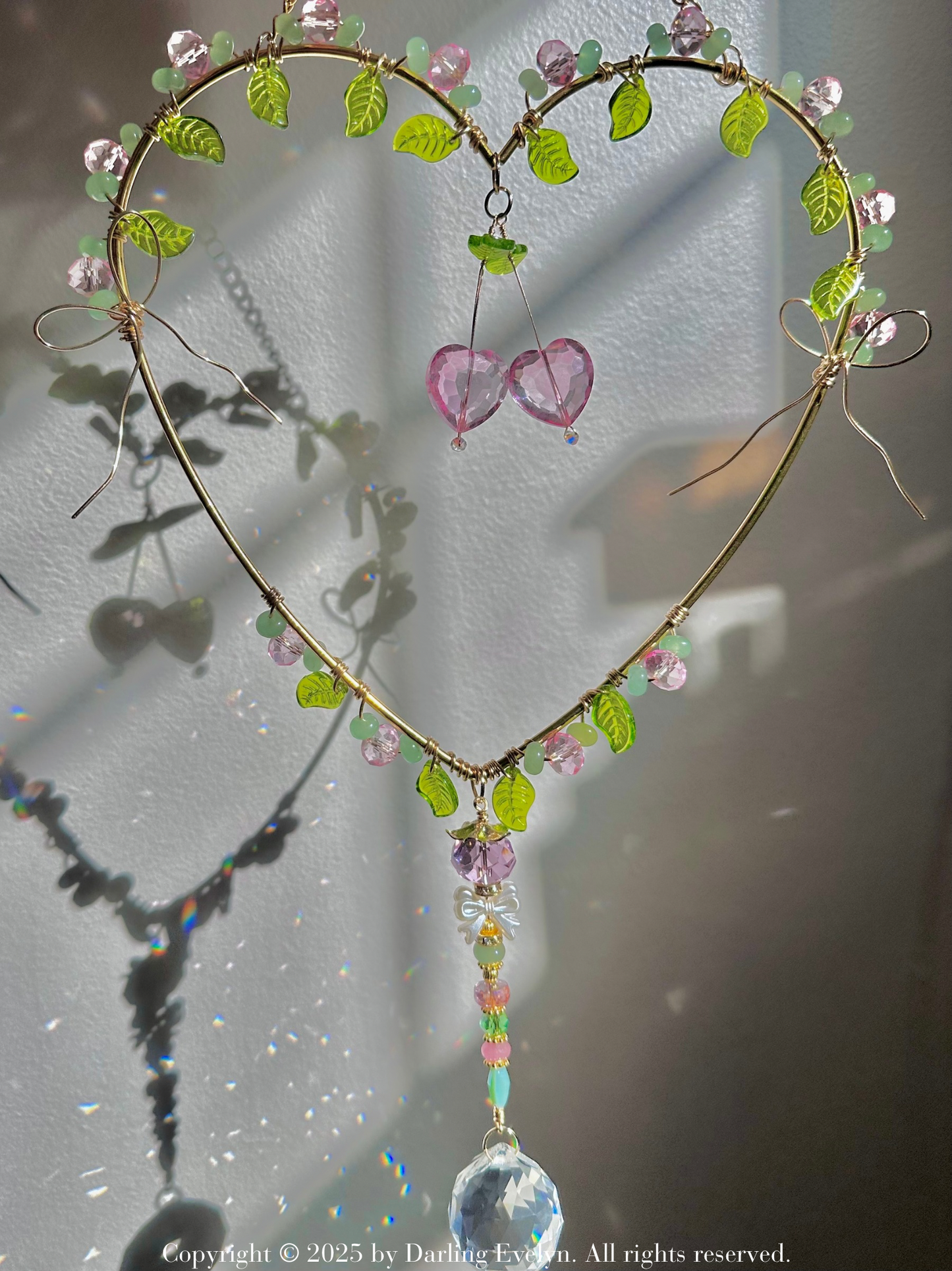 Pink Cherry Crystal Heart Suncatcher