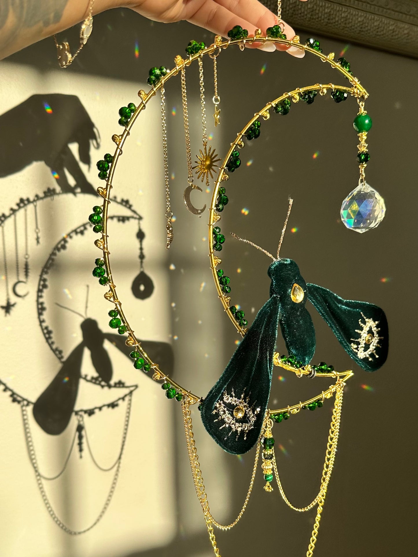 Emerald Moth Crystal Spider Web suncatcher