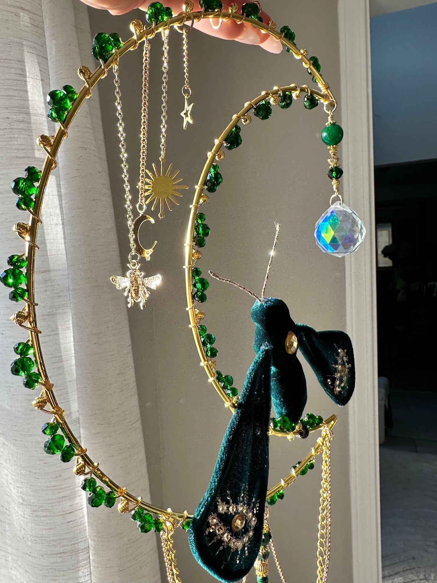 Emerald Moth Crystal Spider Web suncatcher