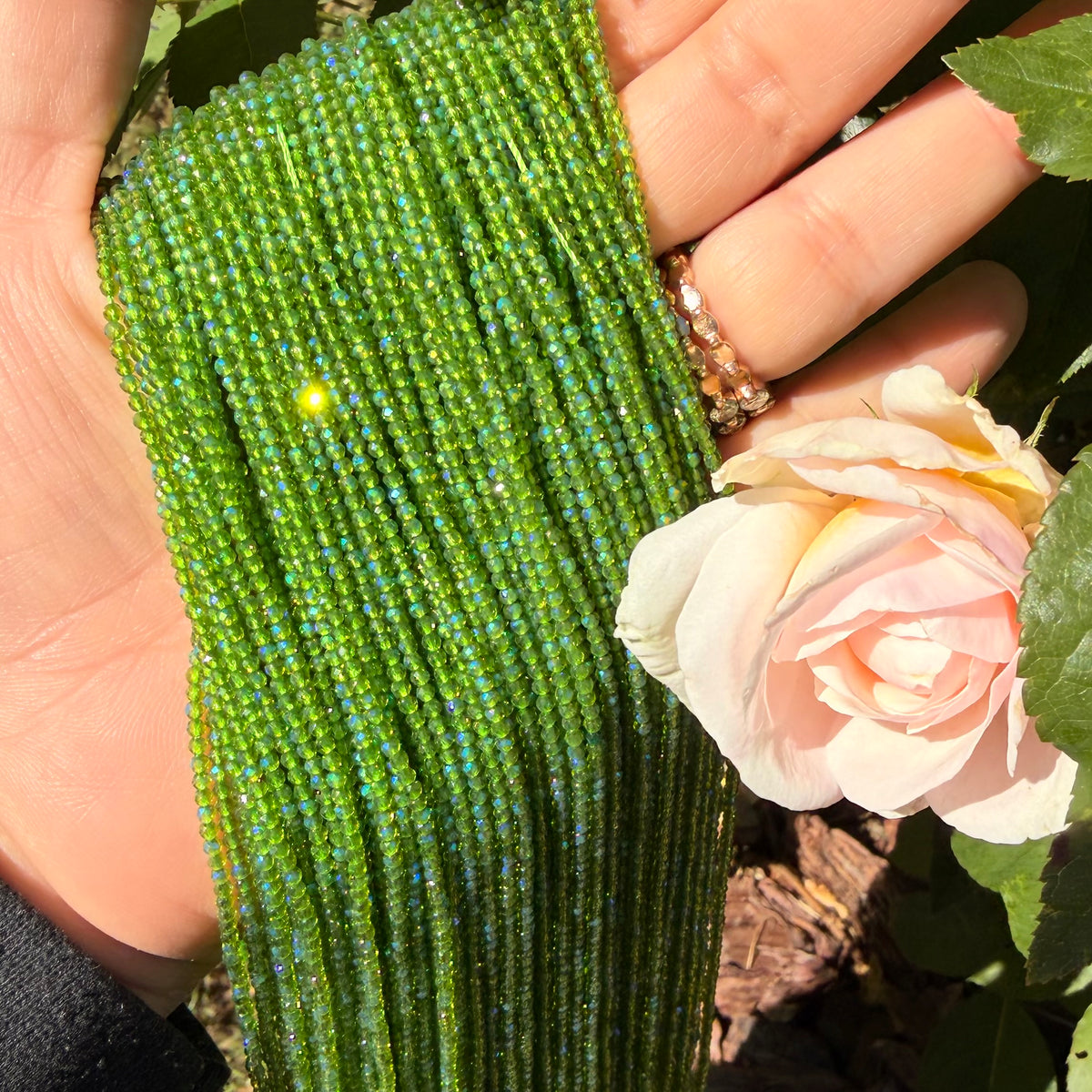 Olive Juice | Olive green 2mm faceted glass blue ab iridescent finish