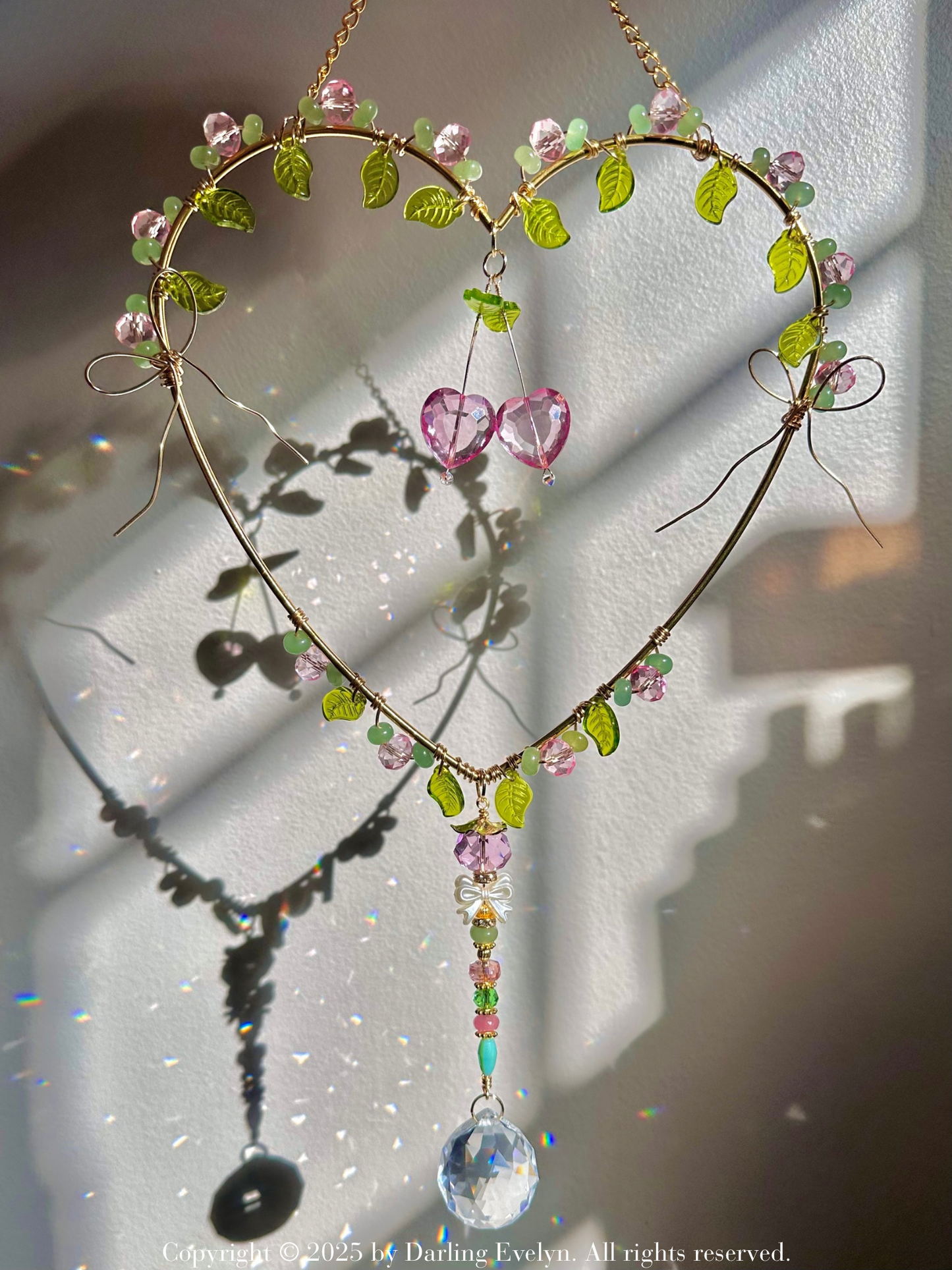 Pink Cherry Crystal Heart Suncatcher