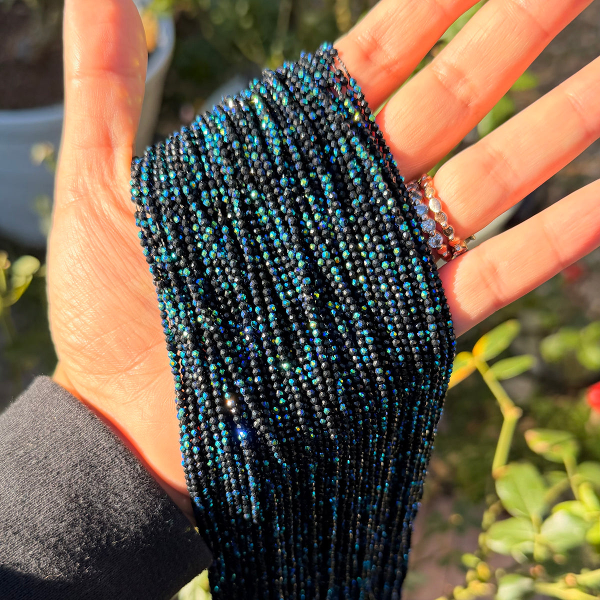 Midnight Eclipse | Black 2mm faceted glass beads with blue iridescent AB finish