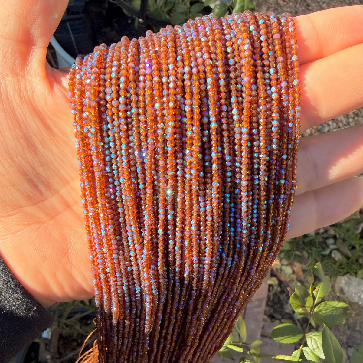 Tea for 2 | Amber Brown 2mm faceted Glass beads with blue iridescent AB finish