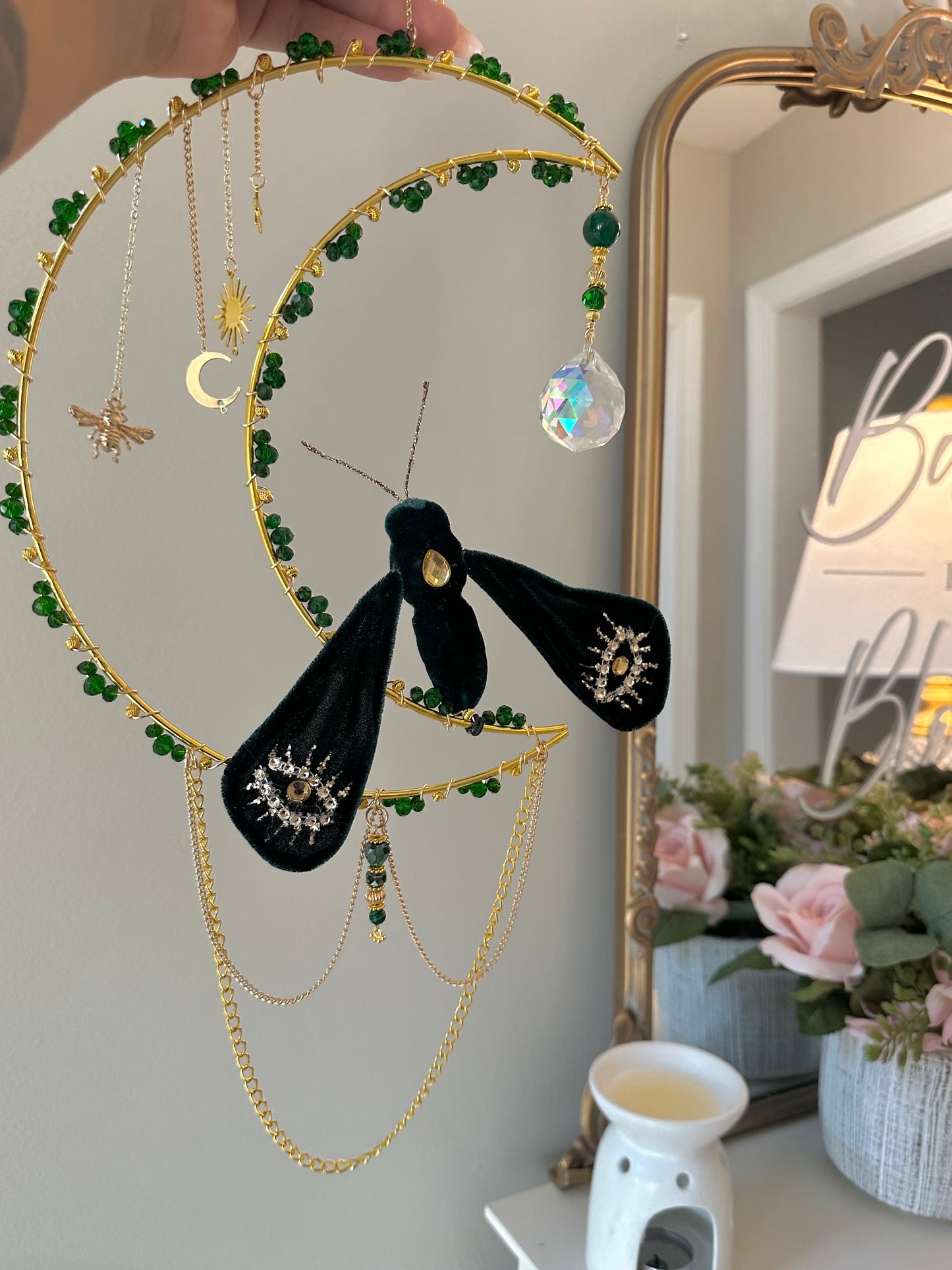 Emerald Moth Crystal Spider Web suncatcher