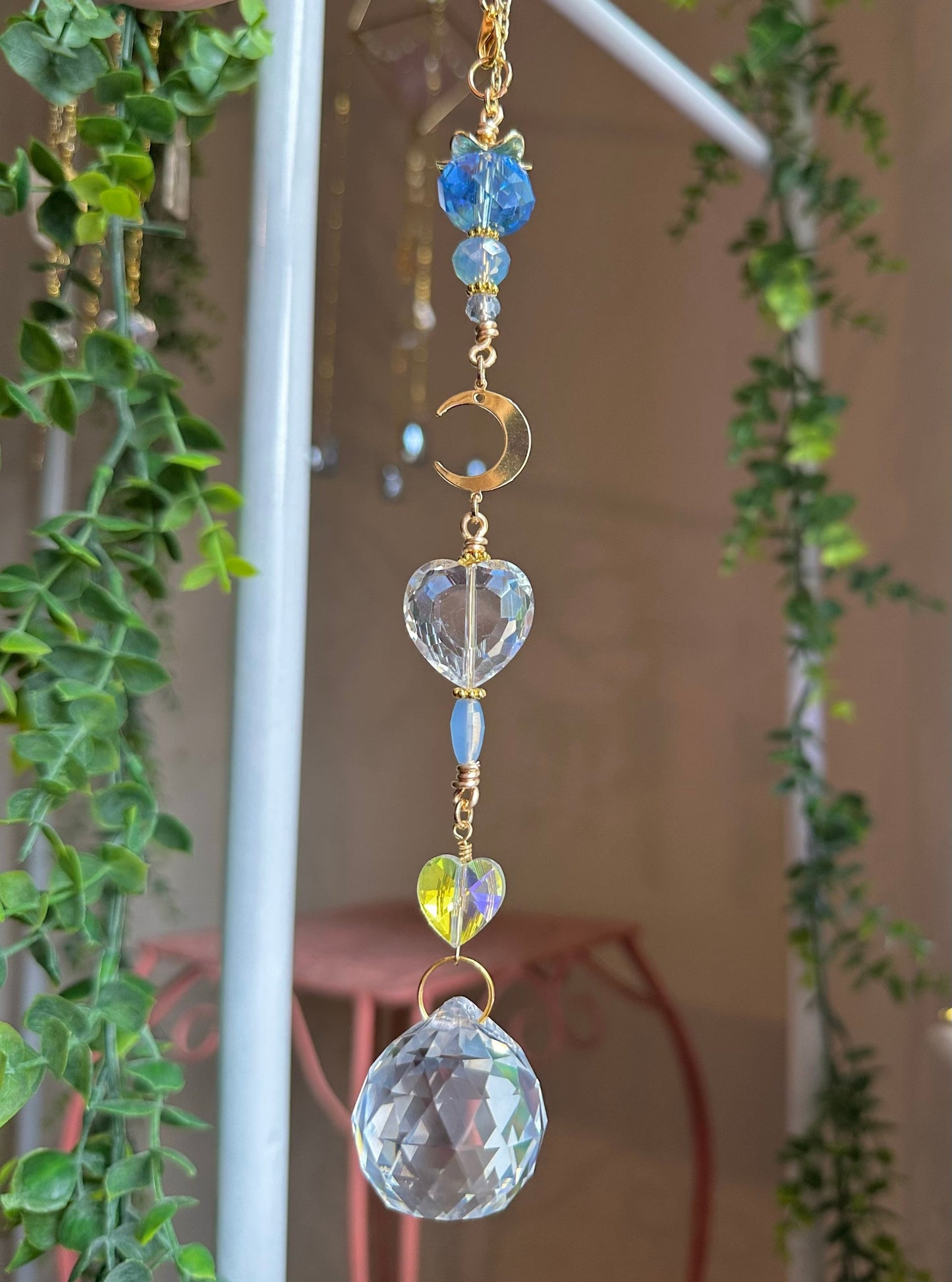 Crystal Moon Heart Car Mirror Suncatcher