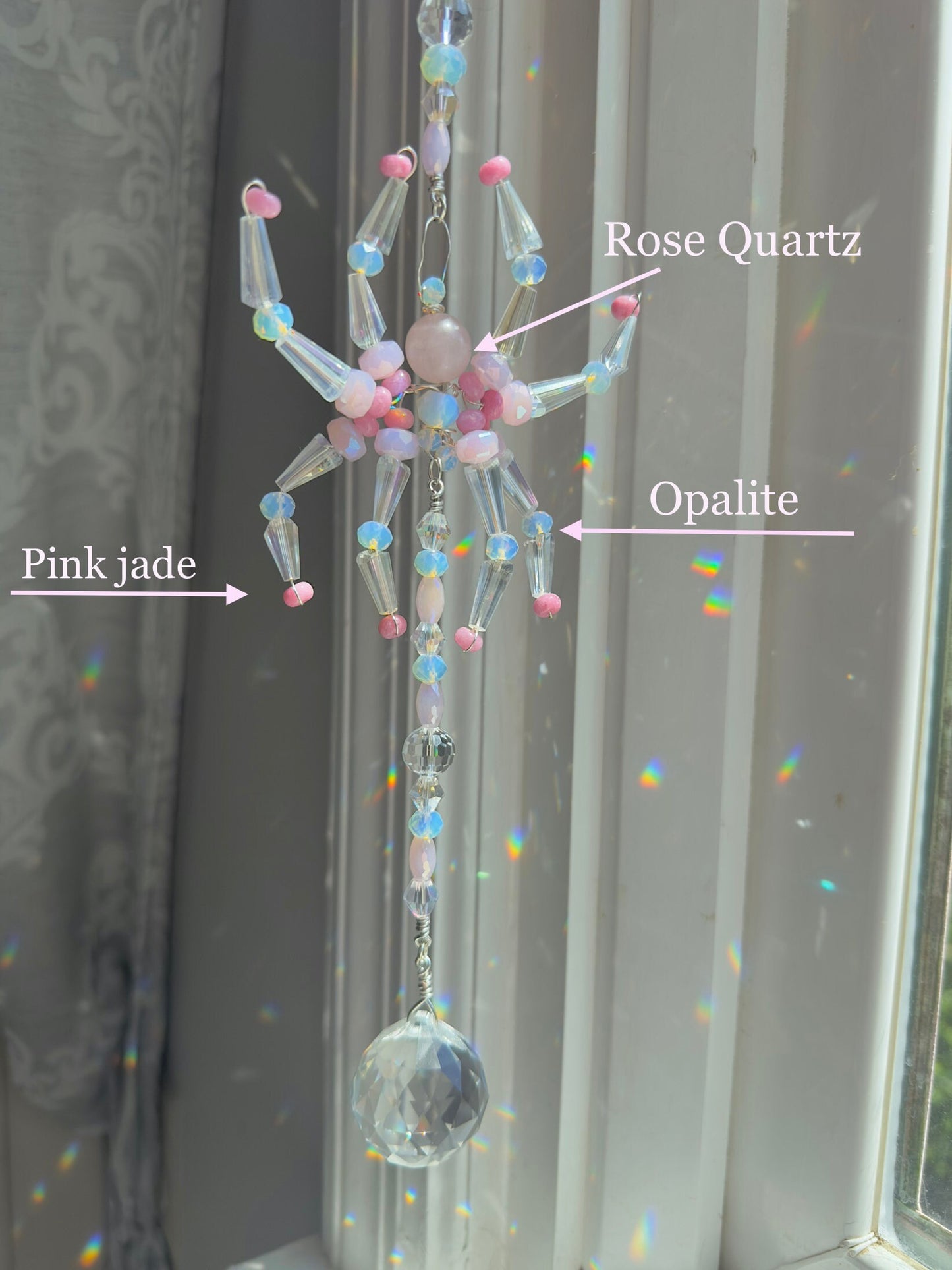 Rose Quartz Opalite Crystal Spider Suncatcher