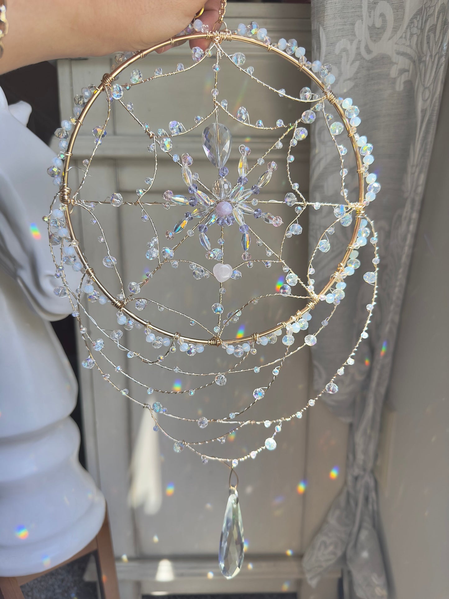 Rain Droplet Spider Web Crystal Suncatcher